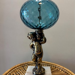 Vintage Large Blue Glass Orb Cherub Table Lamp With Italian Marble Base 1960s