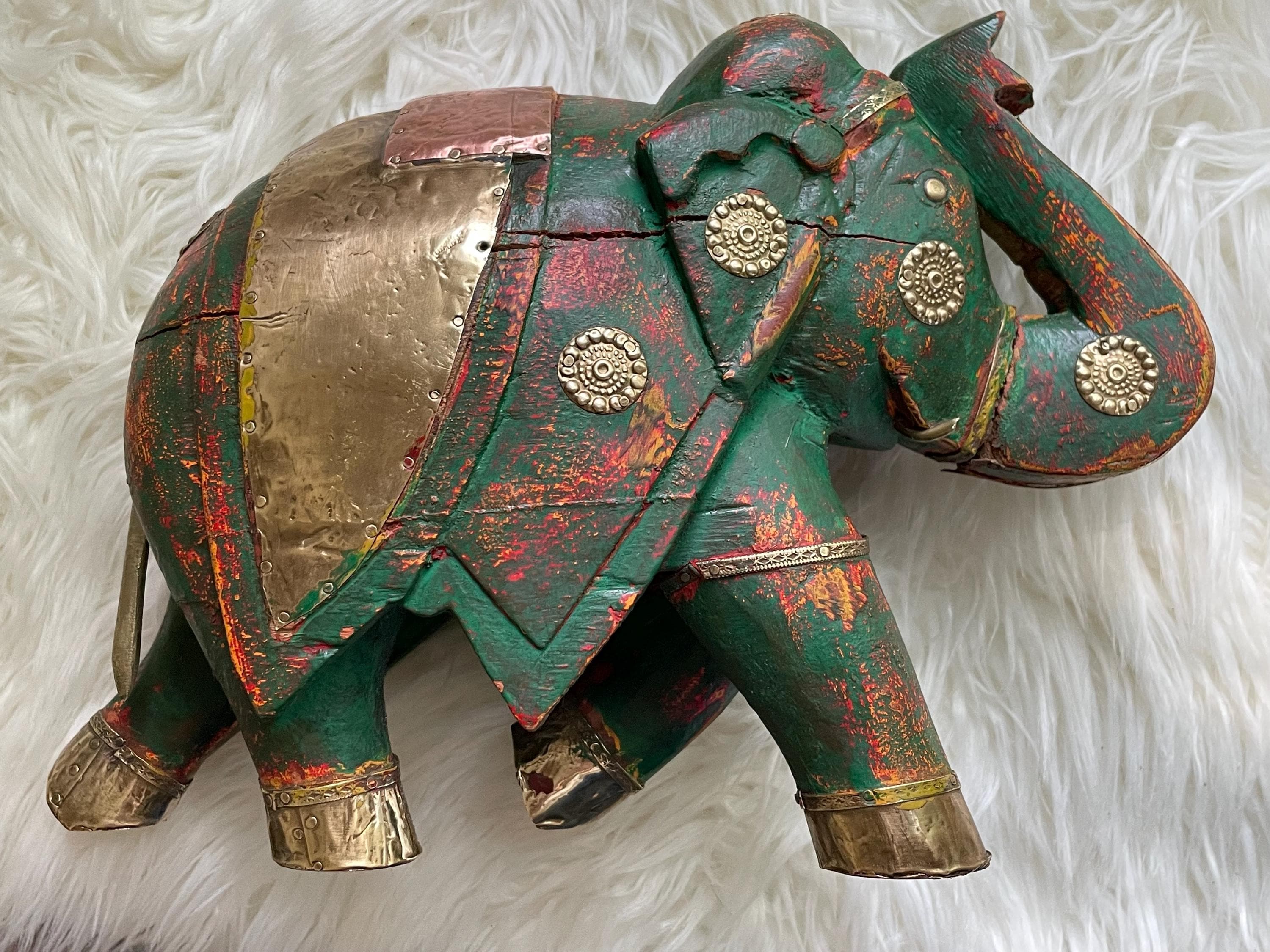 Buy Vintage Decorative Wood Painted Elephant Statue With Brass and