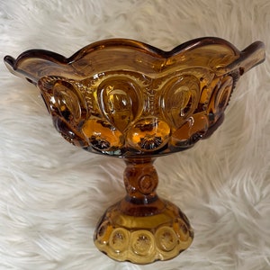 Vintage L.E. Smith Moon and Star Pattern Amber Glass Candy Dish Bowl 1960s