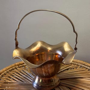 Vintage Top Handle Ruffled Edge Brass Basket 1970s