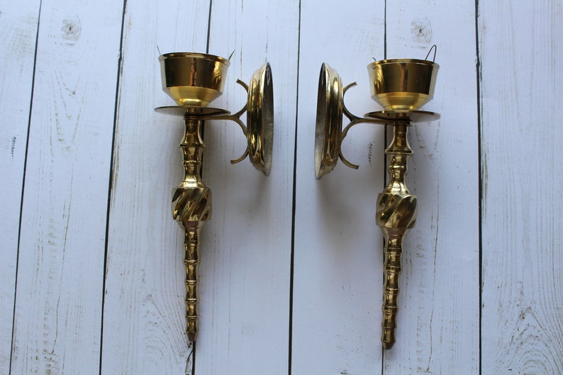 Vintage Twisted Brass Candlestick Holder Wall Sconces 1970s image 7