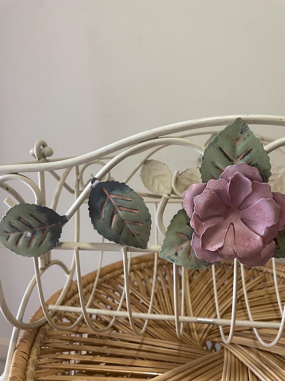 Vintage White Wrought Iron Pink Metal Flowers Magazine Rack 1980s
