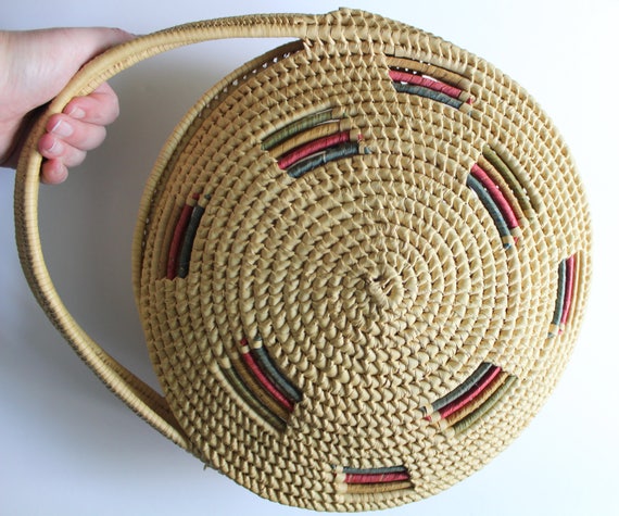 Vintage Large Round Straw Raffia Tote Handbag 197… - image 1