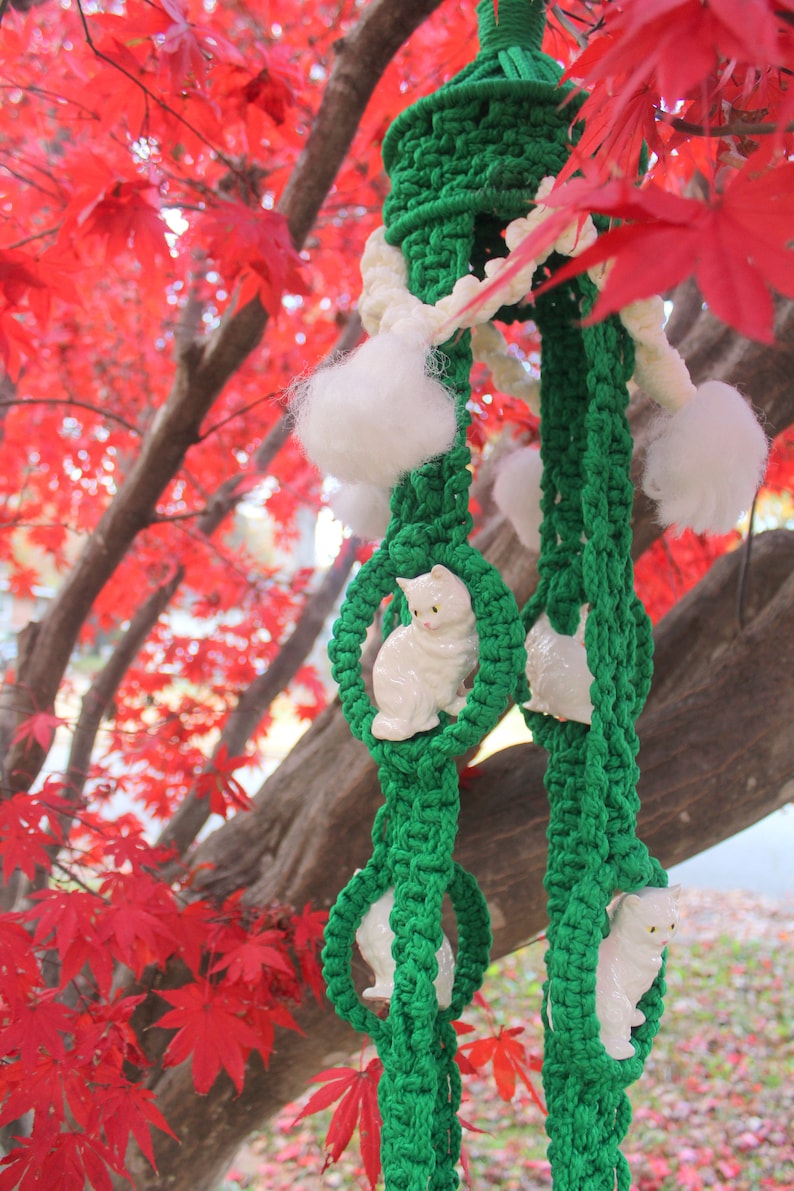 Vintage Handmade Green and White Macrame Plant Hanger with Ceramic White Cats 1970s