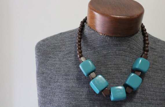 Vintage Chunky Wooden Blue Square Bead Necklace 1… - image 1