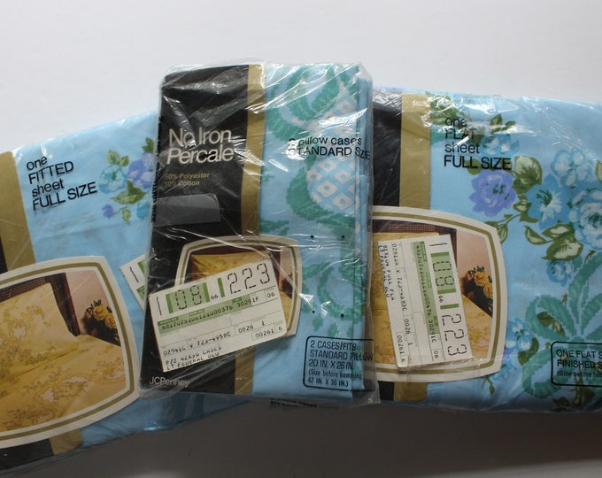 Vintage Jcpenney Light Federal Blue Floral Pattern Full Fitted Bottom