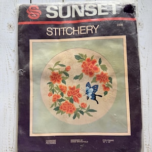 Vintage Sunset Stitchery Chinese Peonies Embroidery Kit 1982