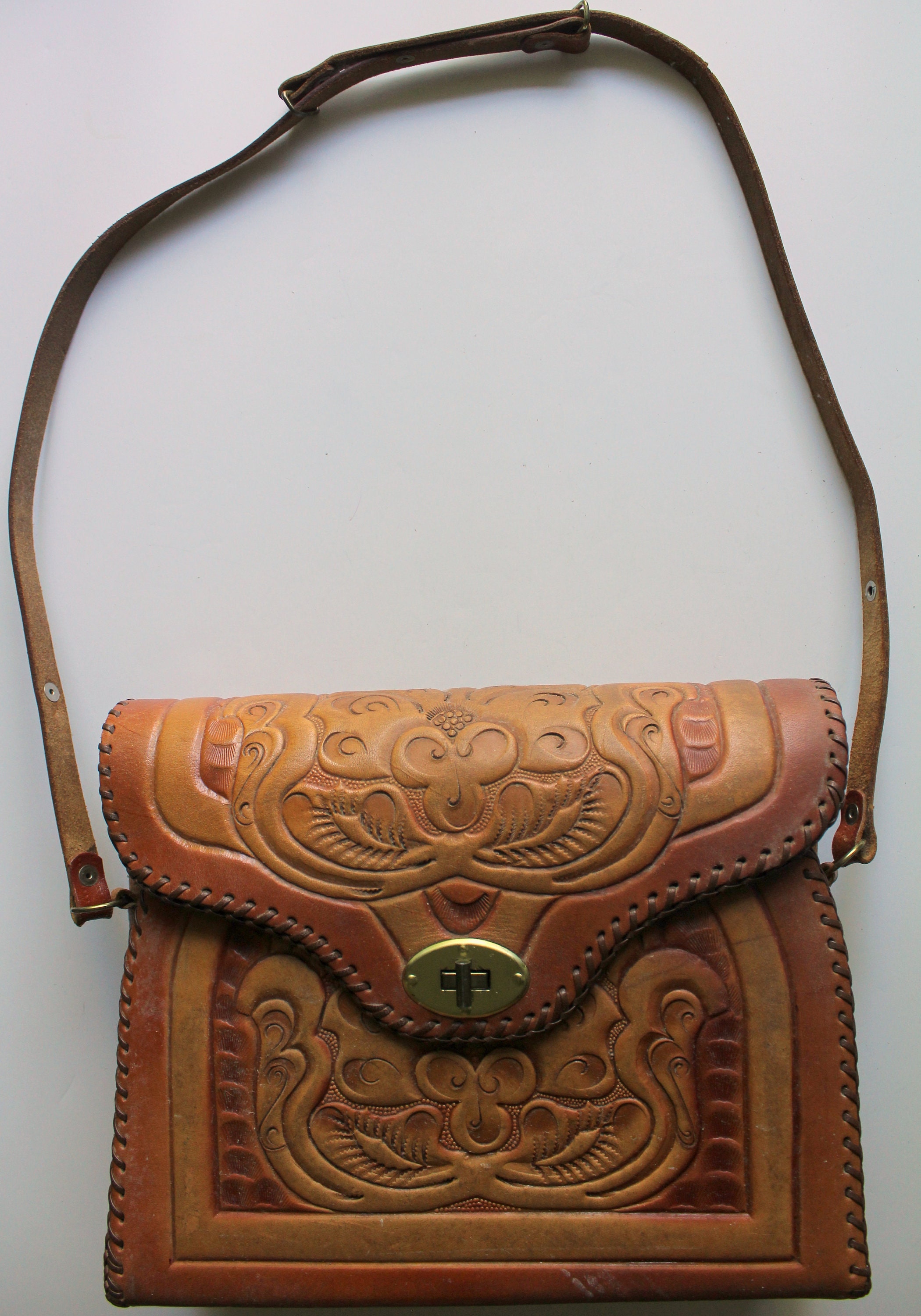 Vintage Large Tooled Leather Purse Handbag 1960s | Etsy
