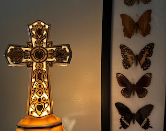 Vintage Lennox Style Porcelain Cross Lamp Night Light With Gold Accents 1990s
