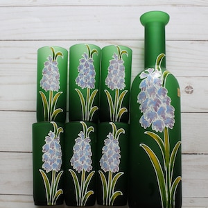 Vintage Frosted Green Glass Decanter Set with Six Glasses Purple Lilac Pattern Glassware Made In Italy 1970s