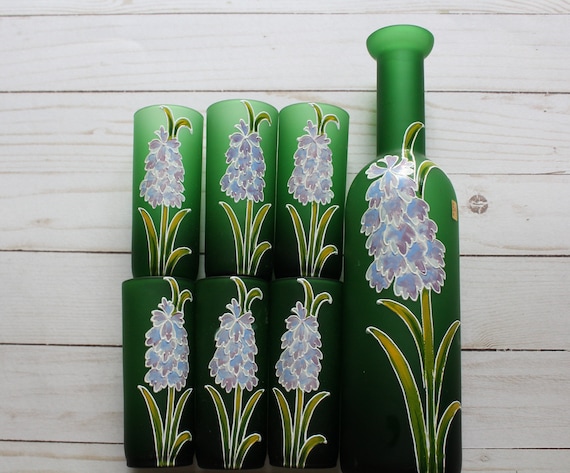 Vintage Frosted Green Glass Decanter Set with Six Glasses Purple Lilac Pattern Glassware Made In Italy 1970s