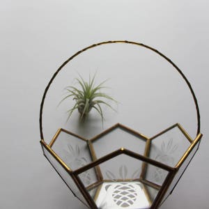 Vintage Hexagon Brass Frame Etched Pineapple Glass Curio Display Basket with Mirrored Bottom 1970s