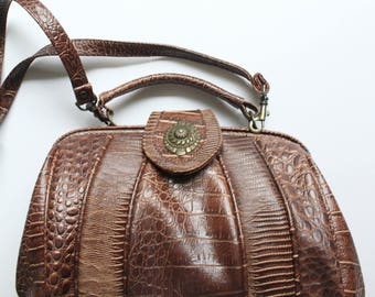 Vintage Faux Brown Crocodile Top Handle Doctor's Bag Shaped Handbag Purse 1980s