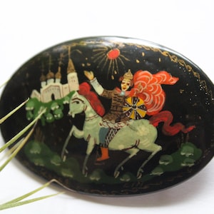 Vintage Hand Painted Russian Lacquer Wooden Brooch 1970s