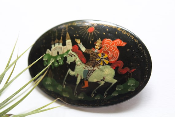 Vintage Hand Painted Russian Lacquer Wooden Brooch 1970s - Etsy