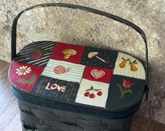 Vintage Dark Blue Hand Painted Mushroom - Snail - Flower - Cherry Pattern Woven Wood Basket Hinged Lid Handbag 1982