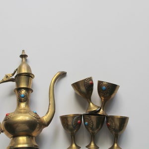 Vintage 6-Piece Miniature Brass Wine Decanter and Goblets 1970s