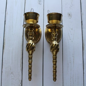 Vintage Twisted Brass Candlestick Holder Wall Sconces 1970s image 1