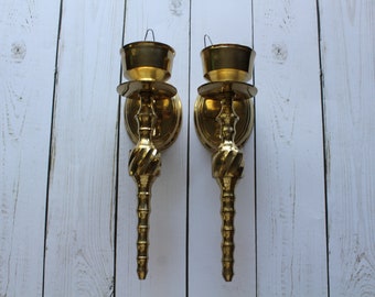 Vintage Twisted Brass Candlestick Holder Wall Sconces 1970s