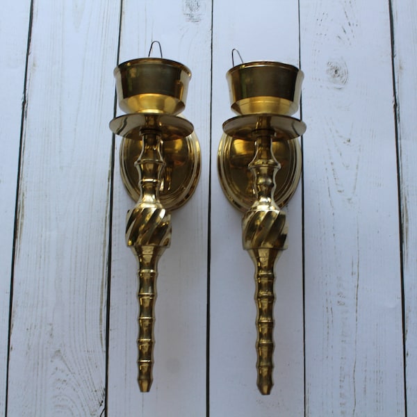 Vintage Twisted Brass Candlestick Holder Wall Sconces 1970s