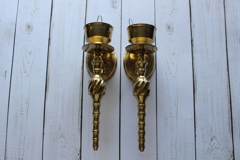 Vintage Twisted Brass Candlestick Holder Wall Sconces 1970s image 1