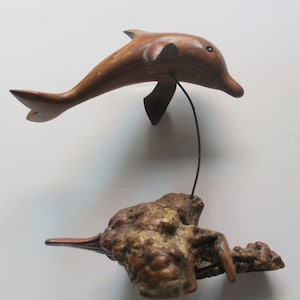 Vintage Wooden Swimming Dolphin Statue With Driftwood Base 1980