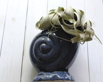 Vintage Blue Ceramic Nautilus Shell Planter 1980s