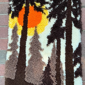Vintage Handmade Sunset Forest Latch Hook Yarn Wall Hanging 1970s
