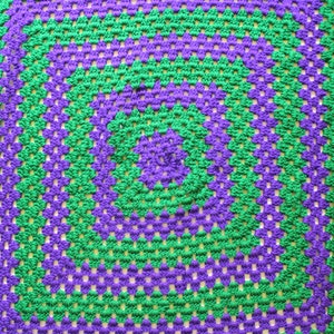 Vintage Handmade Green and Purple Crochet Granny Square - Afghan Throw 1980s