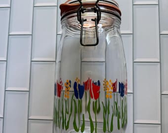 Tarro de cristal decorativo con cierre de pinza, de 1,5 litros, con estampado floral de tulipanes, de la marca ARC France, estilo años 80.