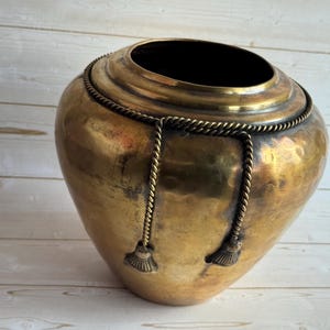 Vintage Brass Hammered Vase With Rope Tassle Accent Made In India 1980s