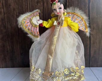 Estatua de muñeca de bailarina tradicional coreana con abanico, estilo vintage, década de 1980.