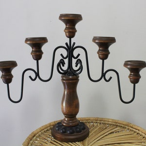 Vintage Pair of Homco Wrought Iron And Wood 6 Arm Candelabra Taper Candlestick Holders 1970s