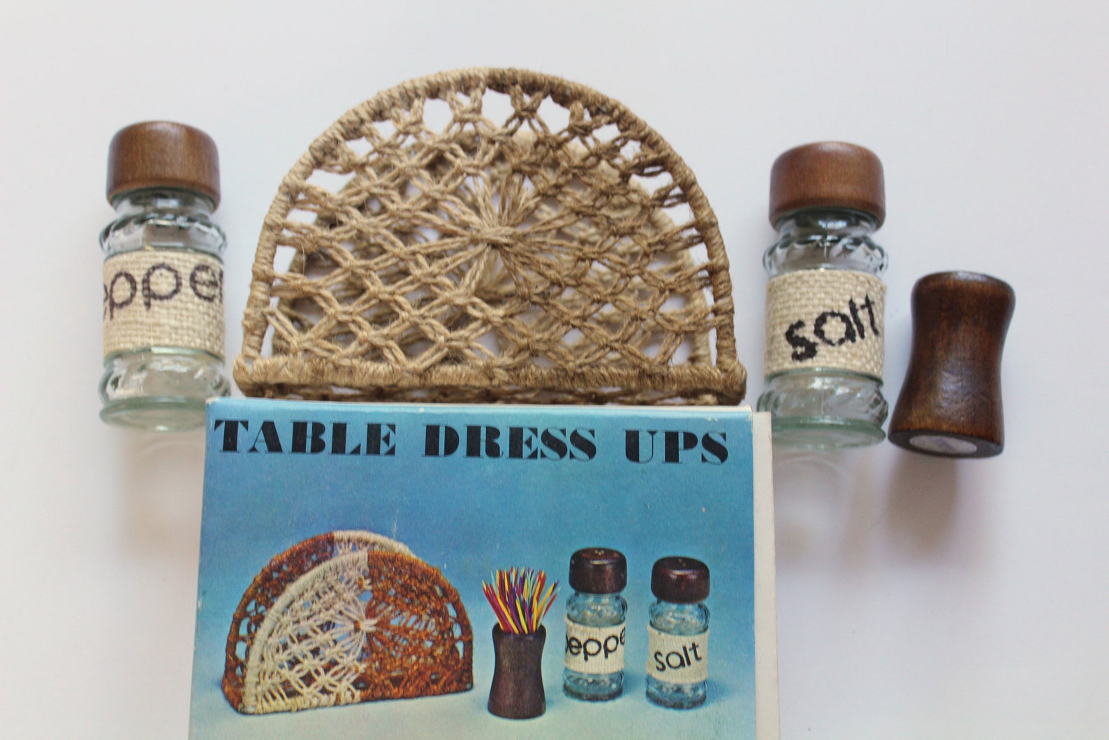 Vintage Jute Twine Napkin Holder With Matching Salt Pepper Etsy