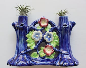 Vintage Blue Flowering Tree Trunk Multi-Bud Vase Ceramic Pottery Made In Japan 1960s