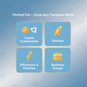 Pode incluir: Gr&aacute;fico com quatro quadrados azuis, cada um contendo um &iacute;cone dourado e texto branco. Os &iacute;cones representam comunidades criptogr&aacute;ficas, startups, influenciadores e treinadores e grupos de neg&oacute;cios. O texto na parte superior diz "Perfect For - Grow Any Telegram Niche."