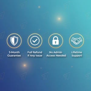 Pode incluir: Quatro &iacute;cones brancos com contornos dourados em um fundo gradiente azul. Os &iacute;cones representam uma garantia de 3 meses, reembolso total em caso de problema, nenhum acesso de administrador necess&aacute;rio e suporte vital&iacute;cio. O texto &eacute; branco.