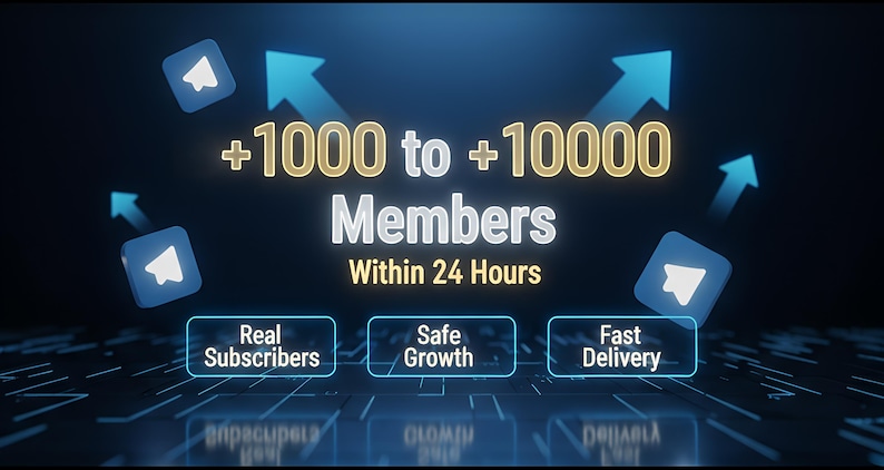 Pode incluir: Gr&aacute;fico digital com o texto "+1000 a +10000 Membros em 24 Horas". A imagem inclui setas azuis e &iacute;cones do aplicativo Telegram, com as palavras "Assinantes reais", "Crescimento seguro" e "Entrega r&aacute;pida".
