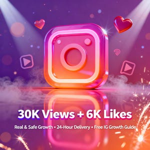 Può includere: Un'immagine 3D lucida del logo di Instagram nei toni dell'arancione e del rosa, con il testo "30K Views + 6K Likes". L'immagine presenta cuori fluttuanti, icone di riproduzione e il testo "Real & Safe Growth - 24-Hour Delivery - Free IG Growth Guide."