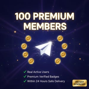 Könnte beinhalten: Digitalgrafik mit dem Text "100 PREMIUM MEMBERS" in goldfarbenen Buchstaben. Ein weißes Papierflugzeug ist zentriert, umgeben von goldenen Abzeichen. Darunter heben grüne Häkchen Funktionen hervor. Ein goldener Button zeigt "INSTANT DOWNLOAD".