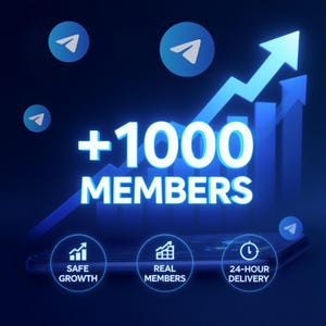 Könnte beinhalten: Eine digitale Grafik mit dunkelblauem Hintergrund zeigt den Text "+1000 MEMBERS" in Weiß. Das Bild enthält einen aufsteigenden Pfeil, Telegram-App-Symbole und Symbole für sicheres Wachstum, echte Mitglieder und 24-Stunden-Lieferung.