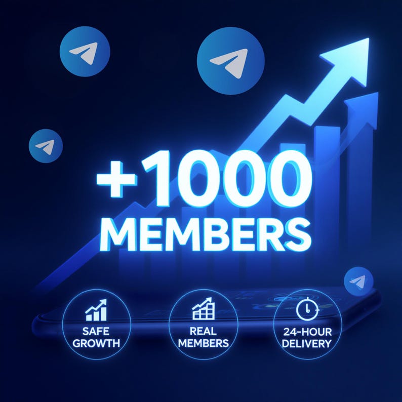 Pode incluir: Gr&aacute;fico digital com fundo azul escuro com o texto "+1000 MEMBERS" em branco. A imagem inclui uma seta ascendente, &iacute;cones do aplicativo Telegram e &iacute;cones para crescimento seguro, membros reais e entrega em 24 horas.
