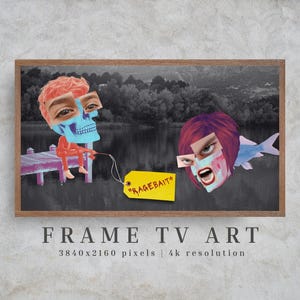 May include: Framed artwork featuring two surreal figures against a black and white landscape. One figure is a skull-like person fishing, the other is a fish-like person with an open mouth. A yellow tag reads "RAGEBAIT".