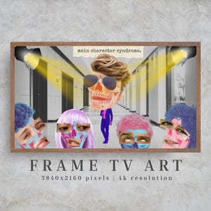 Könnte beinhalten: Gerahmter digitaler Kunstdruck mit surrealem Collage-Thema. Das Kunstwerk zeigt eine zentrale, schädelgesichtige Figur mit Sonnenbrille, umgeben von stilisierten Gesichtern. Der Text lautet "main character syndrome". Der Text unten lautet "FRAME TV ART".