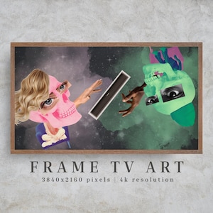 May include: A framed art print featuring a surreal collage with a pink skull, blonde hair, and a green skull. The artwork includes hands reaching for a rectangular object against a dark, space-like background. The text "FRAME TV ART" is at the bottom.