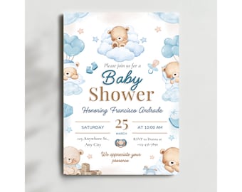 Baby Shower Invitation Template , Blue Teddy Bear Baby Shower Invite , Boy Baby Shower Invitation , Editable Canva Baby Shower