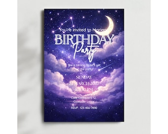 May include: A celestial-themed birthday party invitation with a starry night sky background. The invitation features the text "You're invited to Marian BIRTHDAY Party" in a stylized font, along with event details, including the date, time, and RSVP information.