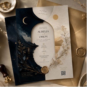 May include: Elegant wedding invitation with a celestial theme. The design features a navy blue and beige color scheme, with a crescent moon and a sun graphic. The invitation includes the names "Aurelia and Orion" and event details.