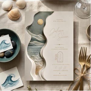 Peut inclure: Une carte d'invitation de mariage rectangulaire avec un bord découpé en couches révélant une illustration de paysage côtier avec un soleil doré, des vagues bleues et une plage de sable. Le texte indique Juliana and Shawn, invite you to celebrate their wedding, May 25, 2025, at five o'clock in the evening, Big Sur, Monterey, California, reception to follow.