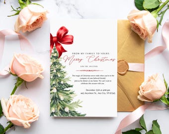 Könnte beinhalten: Eine Weihnachtseinladung mit einem Aquarell-Weihnachtsbaum und einer roten Schleife. Der Text lautet "Fröhliche Weihnachten" und enthält Veranstaltungsdetails. Die Einladung wird von Rosen, einem goldenen Umschlag und rosa Band begleitet.